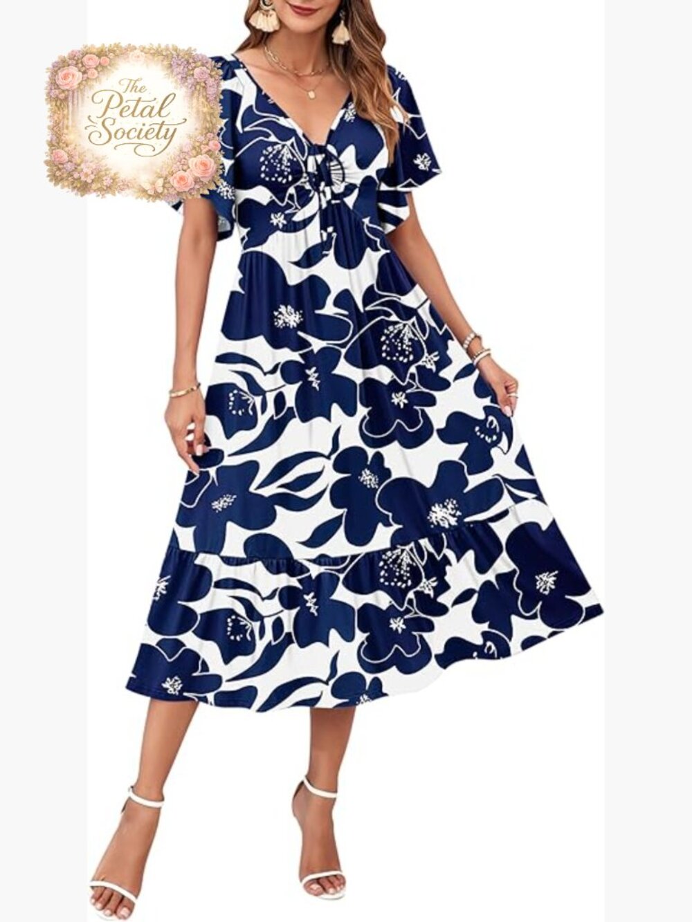 Summer Empire Waist Midi Dress V Neck Flutter Sleeve Casual Tiered